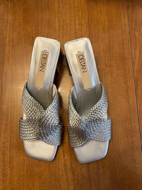 Deltan  Metallic Silver Braided Mules for Women